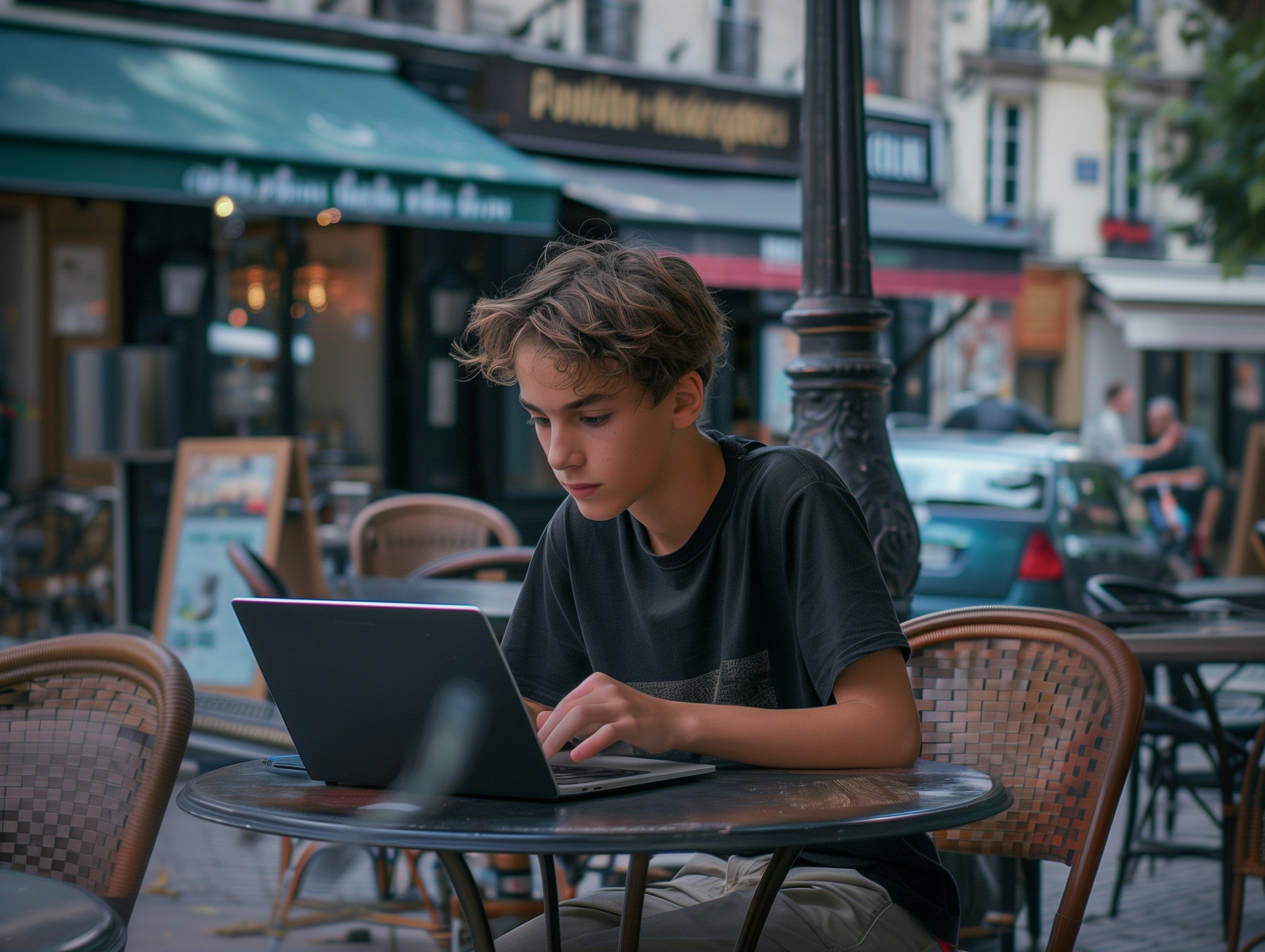 jeune homme télétravailleur nomade qui travaille en terrasse.