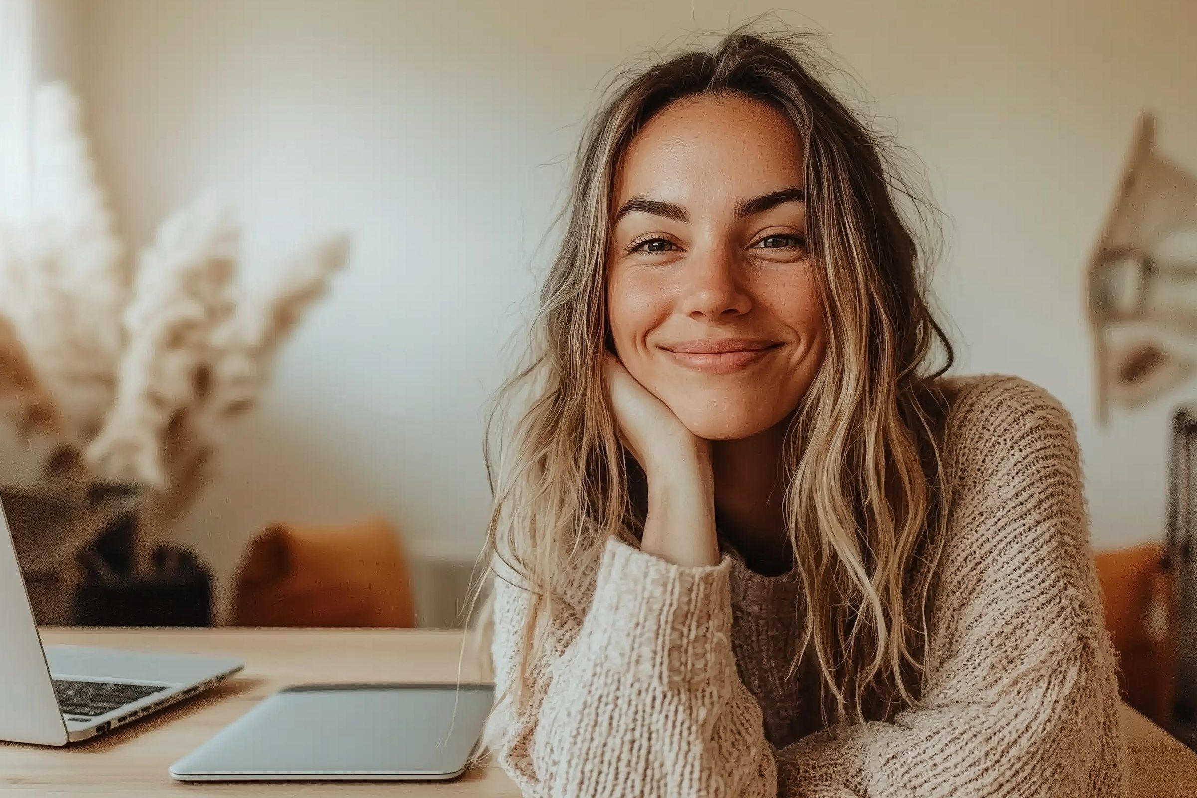 Femme contente qui télétravaille à la maison - archétype du télétravailleur hybride futé.