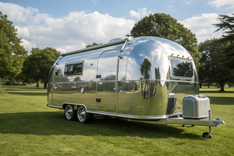 Une image d'une caravane de touring typique british, brillante et double à double essieu, garé sur un emplacement caravane sur un camping un beau jour d'été - Cowoliday