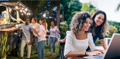 A droite nous avons des collègues qui se détendant après une journée de Team building et a gauche deux femme entrain de faire du coworking